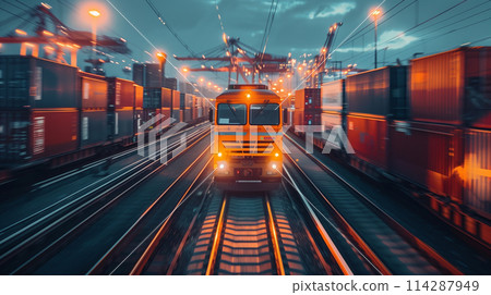 A train is traveling down a track with orange lights in the background 114287949