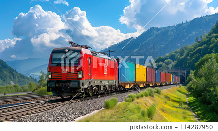 The train is carrying a variety of cargo The train is carrying a variety of cargo 114287950
