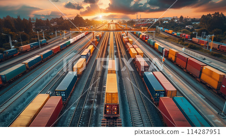 A train yard with many different colored trains 114287951