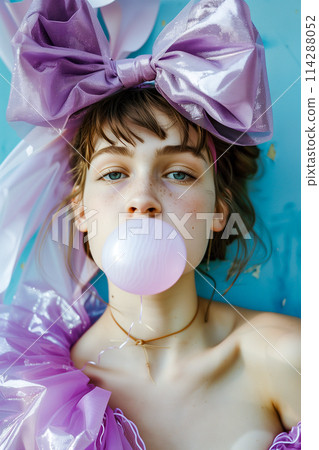 A woman is blowing bubbles while wearing a purple dress 114288052