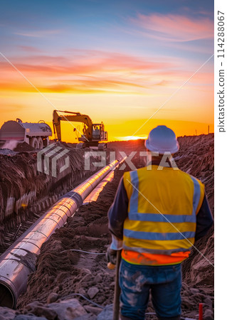 A man in a yellow vest stands in front of a large construction site 114288067