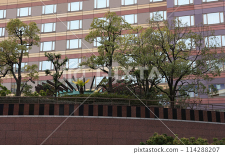 A commercial complex in the city center with a rooftop garden A commercial complex in the city center with a rooftop garden 114288207