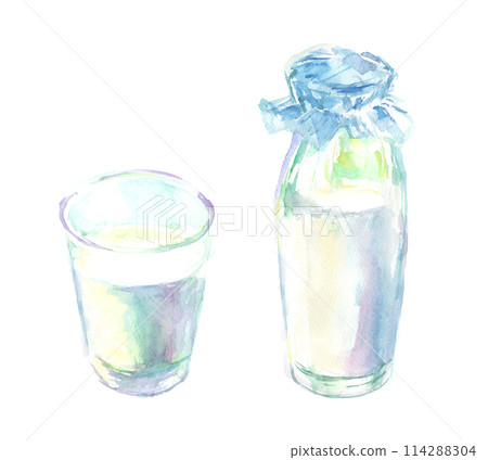 牛奶瓶和玻璃的水彩插圖 114288304