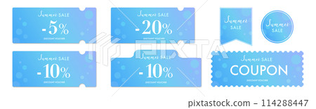 可用於夏季銷售的清爽淺藍色優惠券向量圖示集 2 114288447