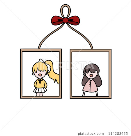 Two girls are shown in a frame, one is smiling and the other is frowning 114288455