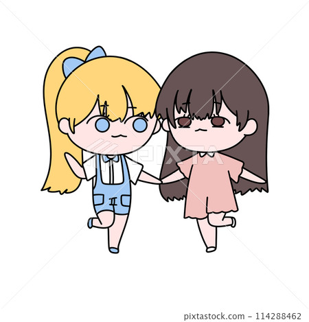 Two cartoon girls holding hands Two cartoon girls holding hands 114288462