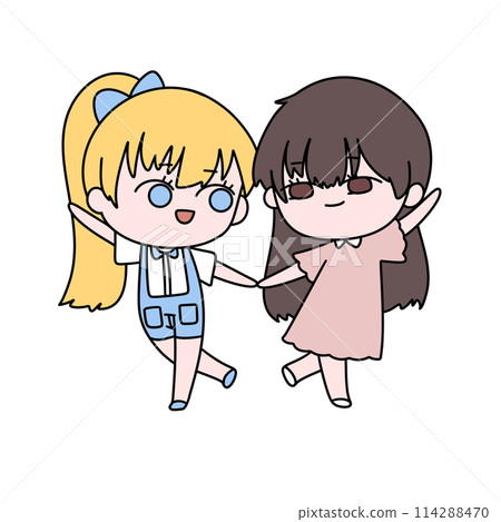Two cartoon girls are holding hands and smiling Two cartoon girls are holding hands and smiling 114288470