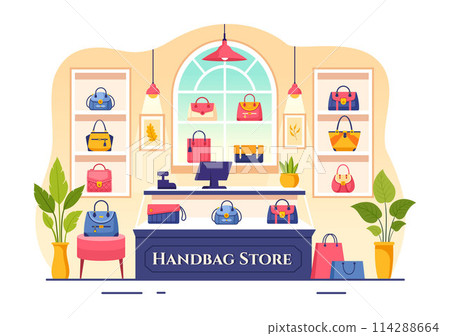 Handbag Store Vector Illustration with Collection of Various Quality Bags and Different Types of Lifestyle in Flat Cartoon Background Design Handbag Store Vector Illustration with Collection of Various Quality Bags and Different Types of Lifestyle in Flat Cartoon Background Design 114288664