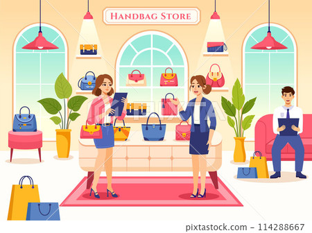 Handbag Store Vector Illustration with Collection of Various Quality Bags and Different Types of Lifestyle in Flat Cartoon Background Design 114288667