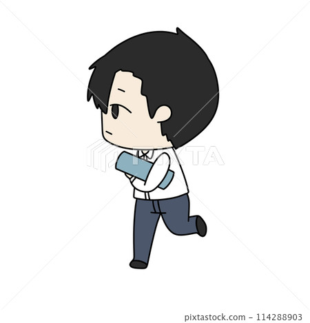 A cartoon boy is running with a book in his hand 114288903