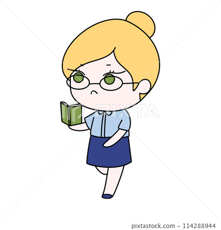 A cartoon girl wearing glasses and a blue skirt is holding a book 114288944