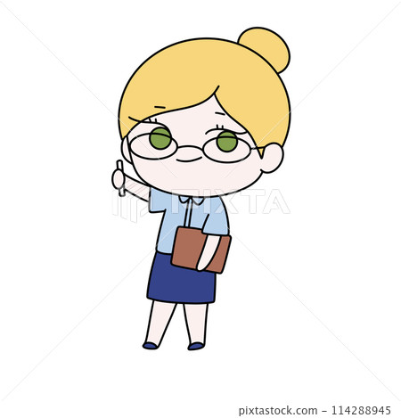 A cartoon girl with glasses and a blue skirt is holding a book 114288945