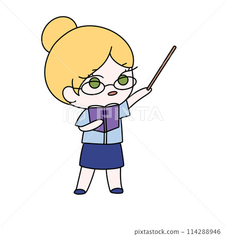 A cartoon girl is holding a book and pointing to it 114288946