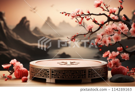 red cylinder podium for products display presentation, Chinese new year, Chinese Festivals, Mid Autumn Festival, poster, greeting card. 114289163