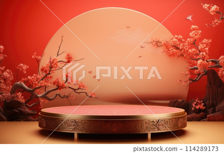 Chinese New Year red and golden theme podium scene with 3D oriental festive elements on background for product display Chinese New Year red and golden theme podium scene with 3D oriental festive elements on background for product display 114289173