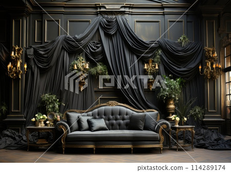 Black castle wall photography backdrop, elegant black mouldings, black drapes , golden flower on the wall. 114289174