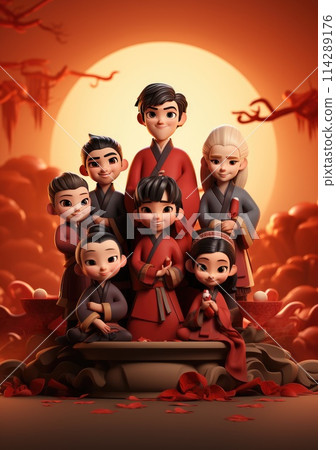 cute of character kids group friends on red chines culture suit of Chinese new year celebration concept with happy and funny 114289176