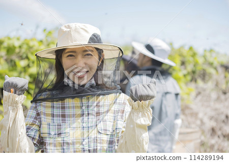 Beekeeper image: A young woman standing in front of a hive with a smile 114289194