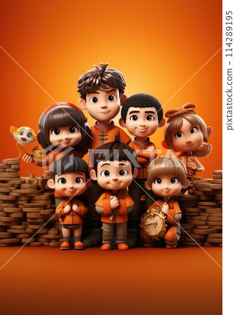 cute of character kids group friends on red chines culture suit of Chinese new year celebration concept with happy and funny 114289195