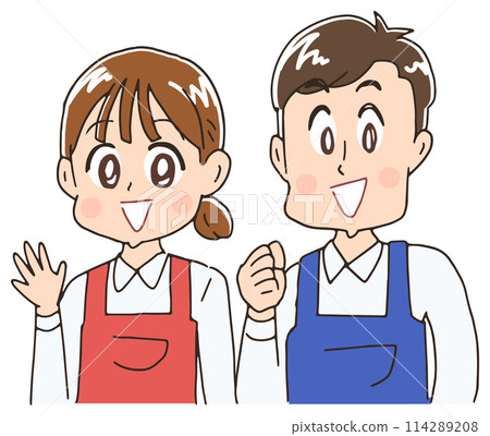 A man and a woman wearing an apron A man and a woman wearing an apron 114289208