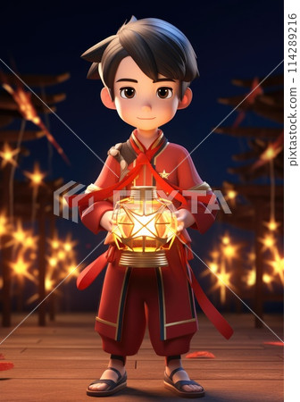 cute character kids of Chinese new year celebration concept holding lantern and firework in 3d character. 114289216