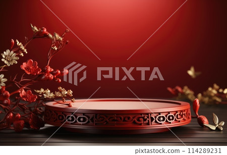 Red luxury background with product display podium element with 3d realistic chinese new year ornament 114289231