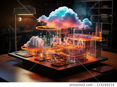 Cloud Computing Concept. Data protected exchange on smart phone or other mobile device and online storage. Cloud Technology. 114289234