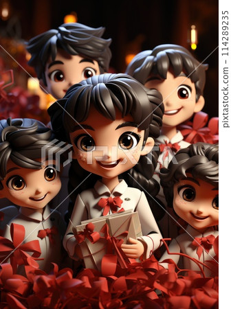cute of character kids group friends on red chines culture suit of Chinese new year celebration concept with happy and funny 114289235