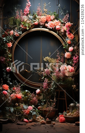 floral hoop digital backdrops. shoot set up with prop Flower and wood backdrop 114289236