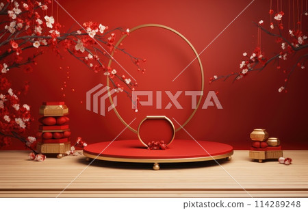 red cylinder podium for products display presentation, Chinese new year, Chinese Festivals, Mid Autumn Festival, poster, greeting card. 114289248
