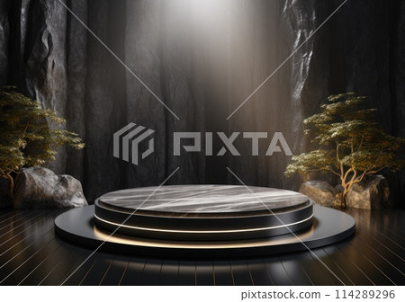 Dark podium, showcase for advertising products and goods. Display with natural stones and green tropical branches. Background for natural cosmetics and branding Dark podium, showcase for advertising products and goods. Display with natural stones and green tropical branches. Background for natural cosmetics and branding 114289296