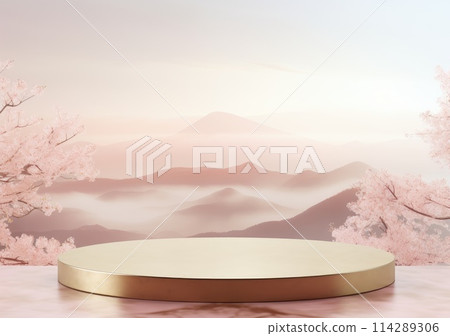 Realistic 3D render blank empty pastel pink podium with cherry blossom flower bouquet and blowing white curtain. Beauty products display, Backdrop Realistic 3D render blank empty pastel pink podium with cherry blossom flower bouquet and blowing white curtain. Beauty products display, Backdrop 114289306