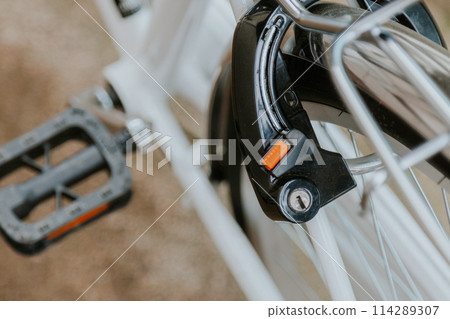 Bicycle rear wheel lock | Close-up Bicycle rear wheel lock | Close-up 114289307
