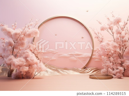 Realistic 3D render blank empty pastel pink podium with cherry blossom flower bouquet and blowing white curtain. Beauty products display, Backdrop Realistic 3D render blank empty pastel pink podium with cherry blossom flower bouquet and blowing white curtain. Beauty products display, Backdrop 114289315