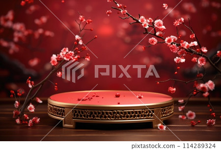 red cylinder podium for products display presentation, Chinese new year, Chinese Festivals, Mid Autumn Festival, poster, greeting card. 114289324