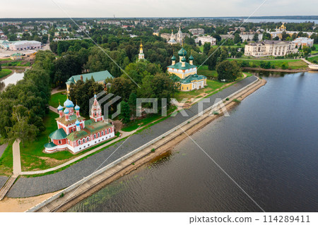 Drone view of the Volga River and temples, as well as residential areas in the city of Uglich 114289411