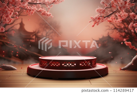 Podium round stage Chinese new year,Chinese Festivals, Mid Autumn Festival , red ,flower and asian elements with craft style on background 114289417