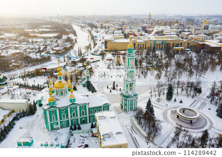 Aerial view of the Spaso-Preobrazhensky Cathedral and residential buildings in Tambov Aerial view of the Spaso-Preobrazhensky Cathedral and residential buildings in Tambov 114289442