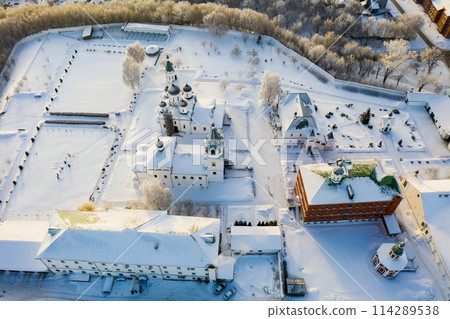 Winter aerial view of Murom cityscape and Orthodox Transfiguration Monastery Winter aerial view of Murom cityscape and Orthodox Transfiguration Monastery 114289538