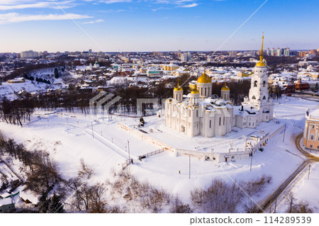 Aerial view of snow covered Orthodox Dormition Cathedral in Vladimir Aerial view of snow covered Orthodox Dormition Cathedral in Vladimir 114289539