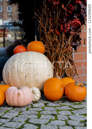 Exterior Beautiful cozy atmospheric halloween pumpkins decorated on porch. Autumn leaves and fall flowers holiday Thanksgiving October season outdoors in city 114289600