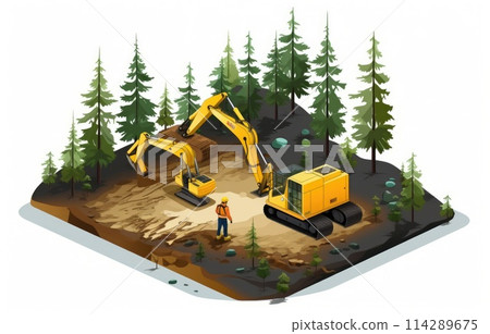 land development concept backhoe clearing in forest isometric and enginneer working with worker , Minimalist 114289675