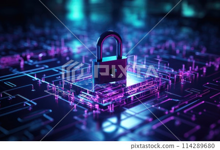 Digital padlock icon, cyber security network and data protection technology on virtual interface screen. Digital padlock icon, cyber security network and data protection technology on virtual interface screen. 114289680
