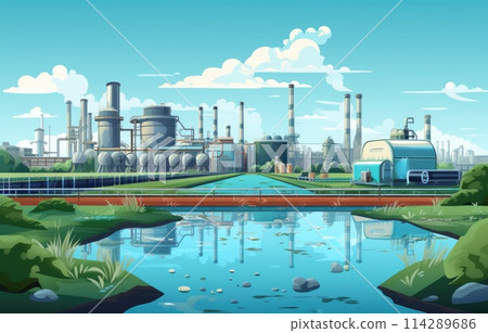 3D Industrial Wastewater Treatment process in factory plant ecology sewage treatment for save world concept 114289686