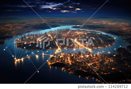 Global Map network of cloud computing, digital lines connecting continents, cities glowing in network web, cool blue Global Map network of cloud computing, digital lines connecting continents, cities glowing in network web, cool blue 114289712