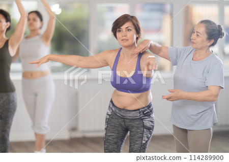 Choreographer coach teaches amateur students to keep their heads straight during ballet lesson Choreographer coach teaches amateur students to keep their heads straight during ballet lesson 114289900