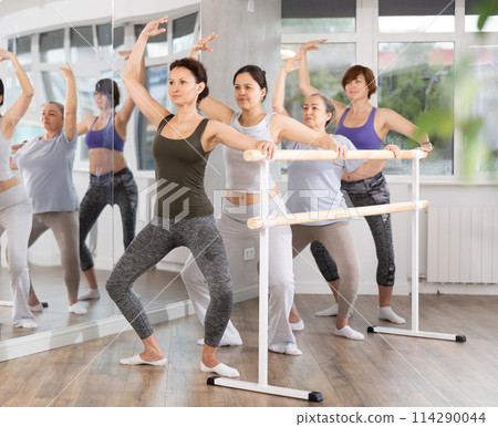 Women doing ballet at group amateurs training session in the studio performs demi plie near the ballet barre, standing in ballet stance 114290044