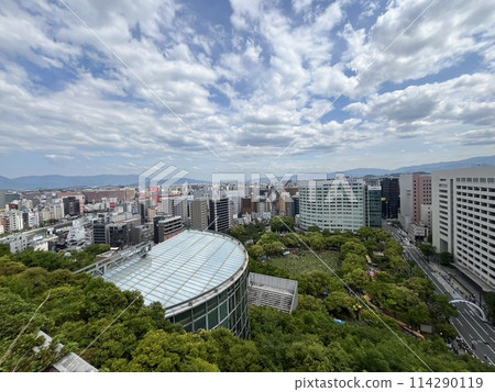A panoramic view of Tenjin Central Park and Fukuoka City Hall from ACROS Fukuoka in Fukuoka City / Dontaku Day 114290119