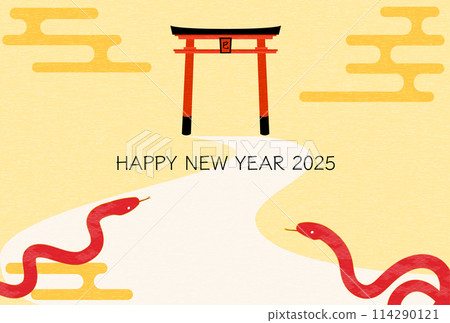 2025蛇年賀年片，蛇前往神社鳥居拜年，新年明信片素材 114290121