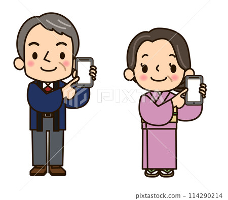 The proprietress and the storekeeper holding smartphones 114290214